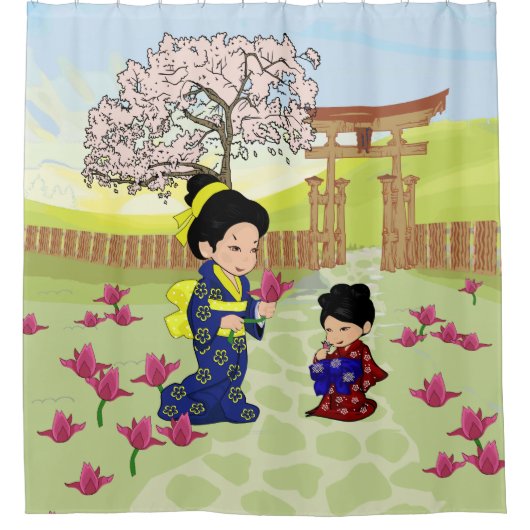 かわいい日本のスタイルイラストレーション シャワーカーテン (正面)