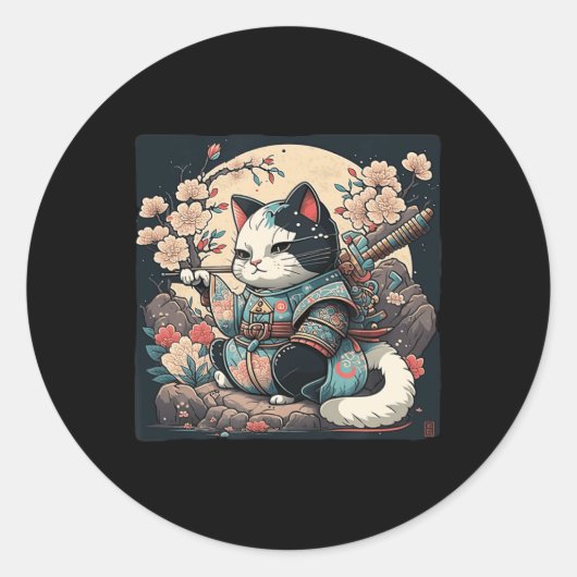 かわいい日本のスタイルサムライキャットキットアニメ ラウンドシール (正面)