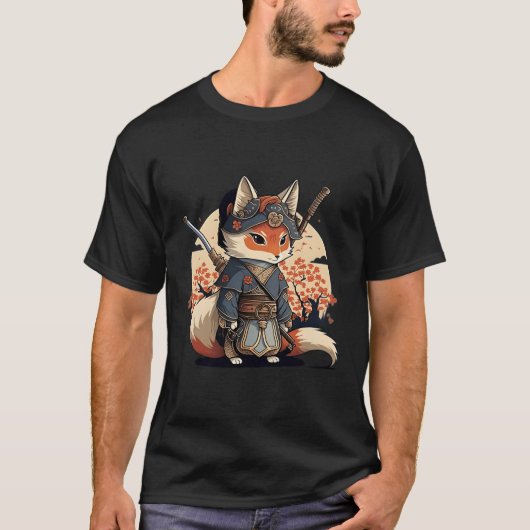 かわいい日本のスタイル侍キツネアニメ Tシャツ (正面)
