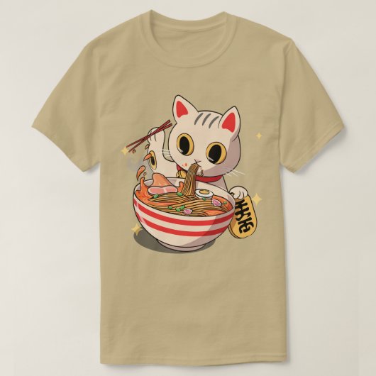 かわいい日本の猫ねこ子天ラーメン麺 Tシャツ (デザイン正面)