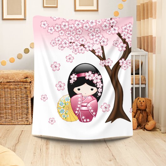 かわいい日本の芸者さんこけし人形 フリースブランケット