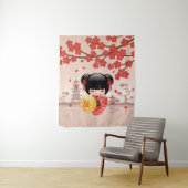 かわいい日本の芸者、赤いさくらこけし人形 タペストリー (インサイチュ)