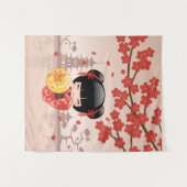 かわいい日本の芸者、赤いさくらこけし人形 タペストリー (正面(横))