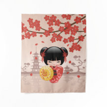 かわいい日本の芸者、赤いさくらこけし人形