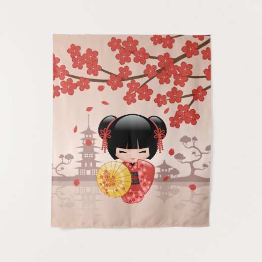 かわいい日本の芸者、赤いさくらこけし人形 タペストリー (正面)