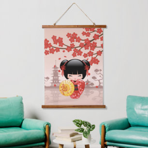 かわいい日本の芸者、赤いさくらこけし人形 吊り下げ型タペストリー