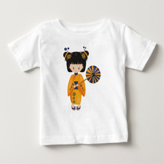 かわいい日本人少女, 日本, オレンジの着物 ベビーTシャツ (正面)