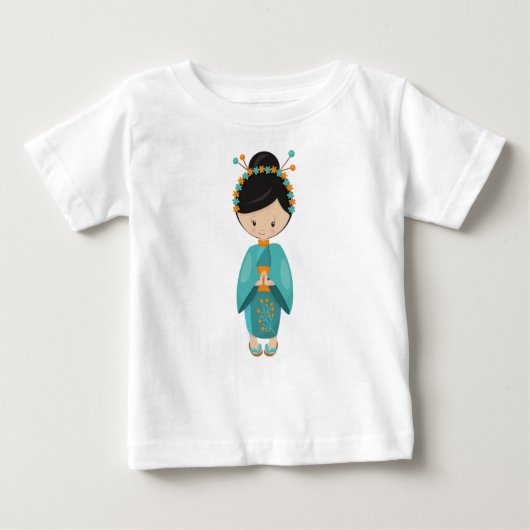 かわいい日本人少女, 日本, キモノの女の子, 青い着物 ベビーTシャツ (正面)