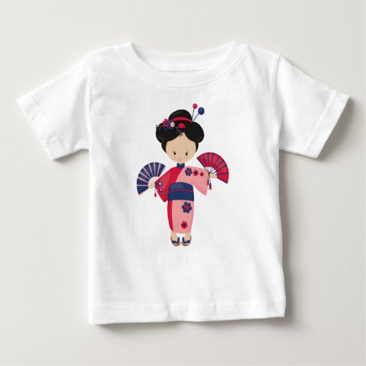 かわいい日本人少女, 日本, ピンクの着物, 日本の美少女 ベビーTシャツ (正面)