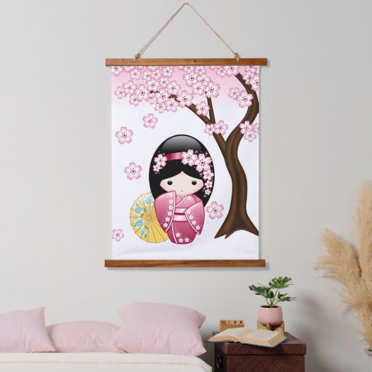 かわいい日本人形の芸者さんこけし 吊り下げ型タペストリー (寝室)
