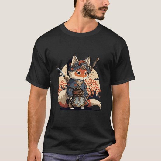 かわいい日本風サムライ狐アニメ Tシャツ (正面)