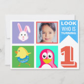 かわいい明るいカラフルな動物の1歳の誕生日パーティー 招待状 (正面)