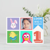 かわいい明るいカラフルな動物の1歳の誕生日パーティー 招待状 (スタンド正面)