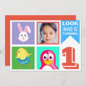 かわいい明るいカラフルな動物の1歳の誕生日パーティー 招待状 (正面/裏面)