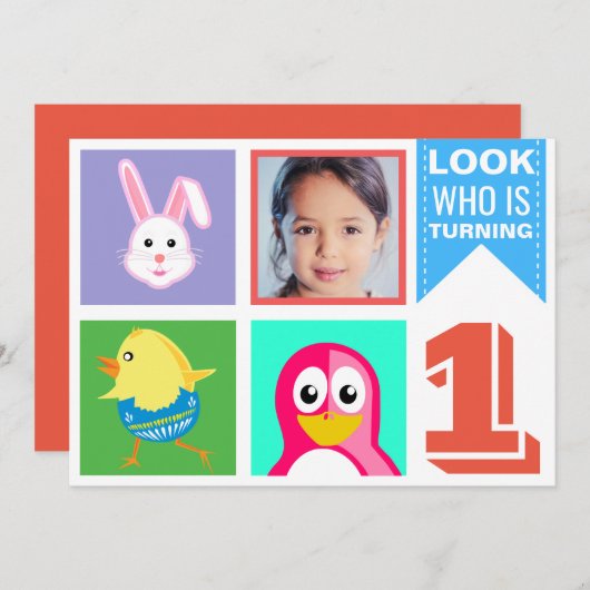 かわいい明るいカラフルな動物の1歳の誕生日パーティー 招待状 (正面/裏面)