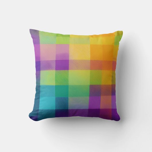 かわいい明るいカラフル黄色の青い紫の格子縞 クッション (正面)