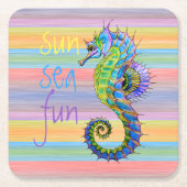 かわいい明るいサンセットカラーズアートシーホース スクエアペーパーコースター (正面)