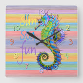 かわいい明るいサンセットカラーズアートシーホース スクエア壁時計 (正面)