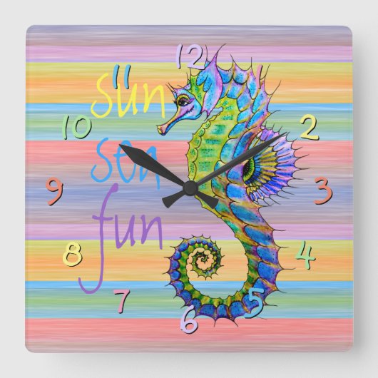かわいい明るいサンセットカラーズアートシーホース スクエア壁時計 (正面)