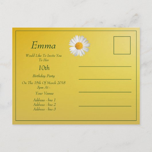 かわいい明るいデイジー誕生日パーティー招待状 インビテーションポストカード (裏面)