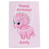 かわいい明るいピンクのトリケラトプスの恐竜 ミディアムペーパーバッグ (正面)