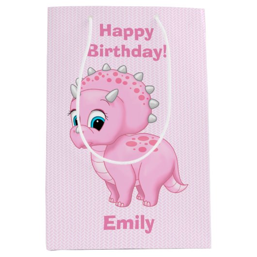 かわいい明るいピンクのトリケラトプスの恐竜 ミディアムペーパーバッグ (正面)