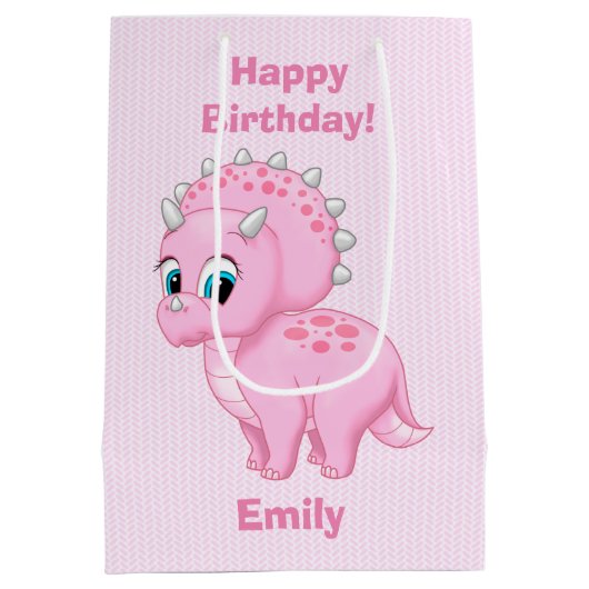 かわいい明るいピンクのトリケラトプスの恐竜 ミディアムペーパーバッグ (裏面)