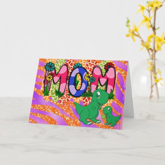 かわいい明るいママ恐竜の母の日の挨拶 カード (黄色い花)