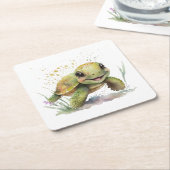 かわいい明るい亀の紙コースター スクエアペーパーコースター (アングル)