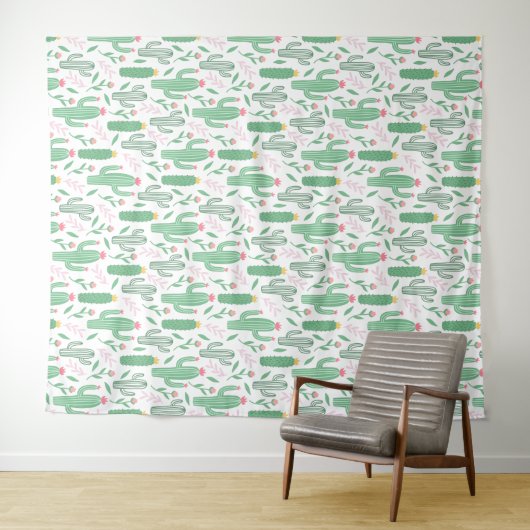 かわいい明るい緑の砂漠サボテンのパターン タペストリー (インサイチュ(横))