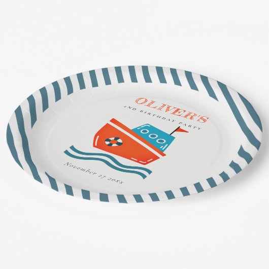 かわいい明るい航海のキッズボート任意の年齢誕生日 ペーパープレート (アングル)