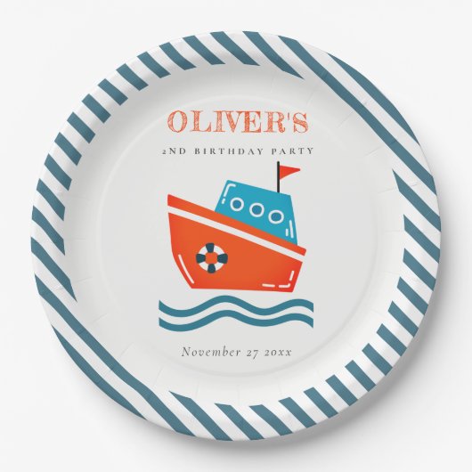 かわいい明るい航海のキッズボート任意の年齢誕生日 ペーパープレート (正面)