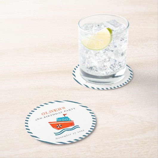 かわいい明るい航海のキッズボート任意の年齢誕生日 ラウンドペーパーコースター (インサイチュ)