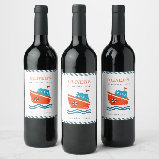 かわいい明るい航海のキッズボート任意の年齢誕生日 ワインラベル (ボトル)