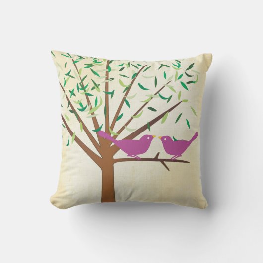 かわいい明るい色ピンク色の緑モダンの鳥 クッション (正面)