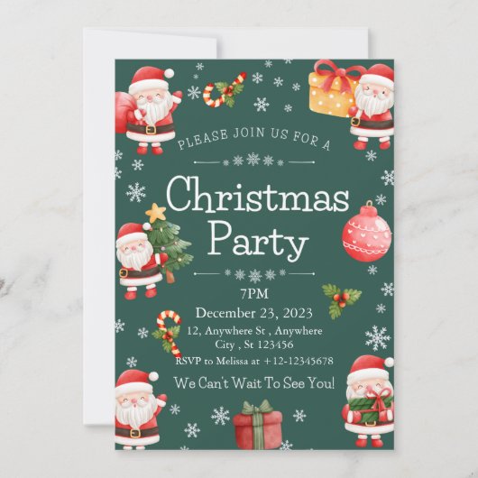 かわいい明るい赤サンタクロースのクリスマスパーティー 招待状 (正面)