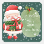 かわいい明るい赤サンタメリークリスマスステッカー スクエアシール (正面)