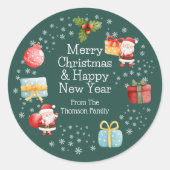 かわいい明るい赤サンタメリークリスマスステッカー ラウンドシール (正面)