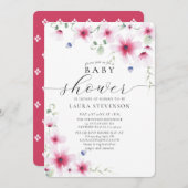 かわいい明るい赤紫色ピンクの水色のお洒落花 招待状 (正面/裏面)