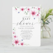 かわいい明るい赤紫色ピンクの水色のお洒落花 招待状 (スタンド正面)