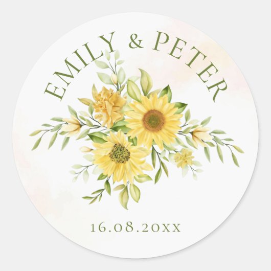 かわいい明るい黄色のひまわり結婚フローラ ラウンドシール (正面)