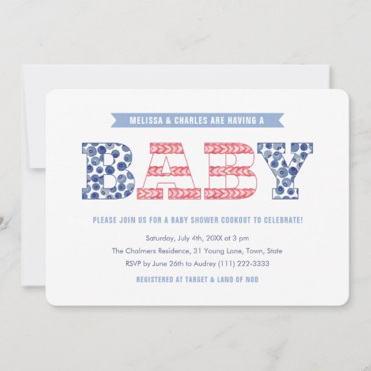 かわいい星とストライプのカップル赤ちゃんシャワーパーティー 招待状 (正面)