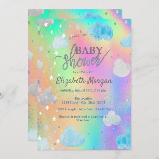 かわいい星と雲レインボーホログラフィー 招待状 (正面/裏面)