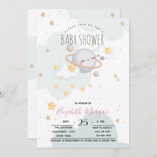 かわいい星の惑星は雲ベビーシャワー 招待状 (正面/裏面)