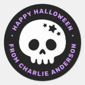 かわいい星の頭蓋骨 黒 紫 ハッピーハロウィン ラウンドシール (正面)