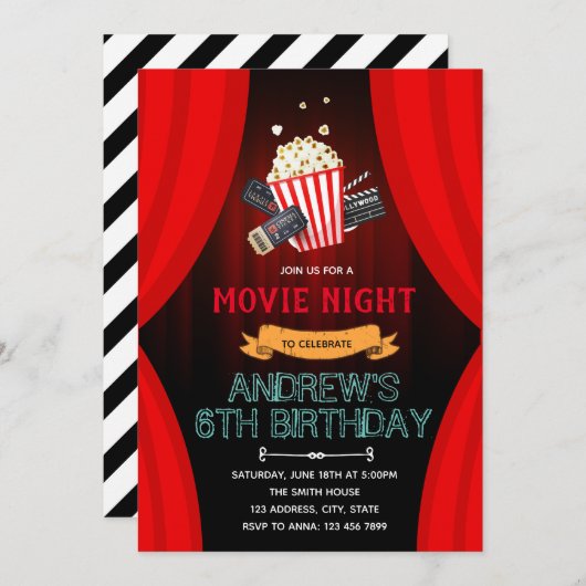 かわいい映画の夜のテーマパーティーの招待 招待状 (正面/裏面)
