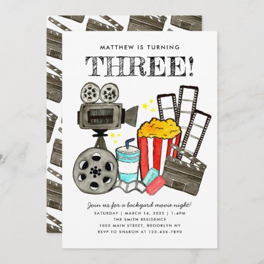 かわいい映画ナイトシネマウォッチパーティー子供の誕生日 招待状 (正面/裏面)