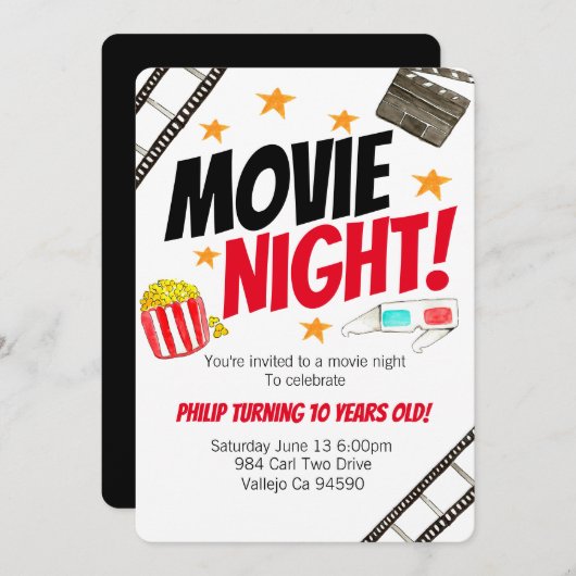 かわいい映画夜映画誕生会の招待 招待状 (正面/裏面)