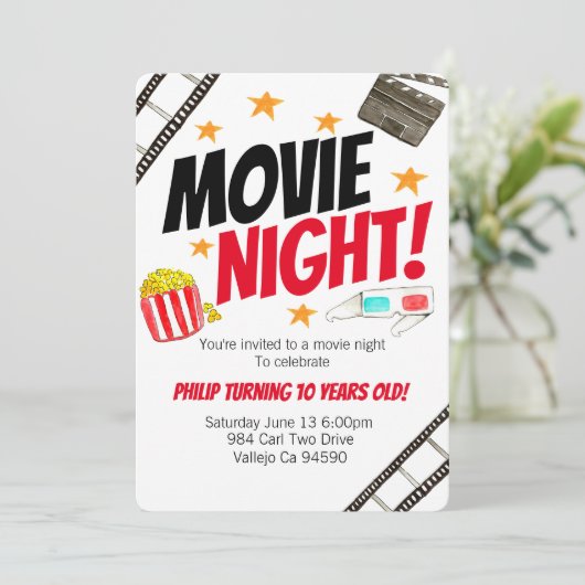 かわいい映画夜映画誕生会の招待 招待状 (スタンド正面)