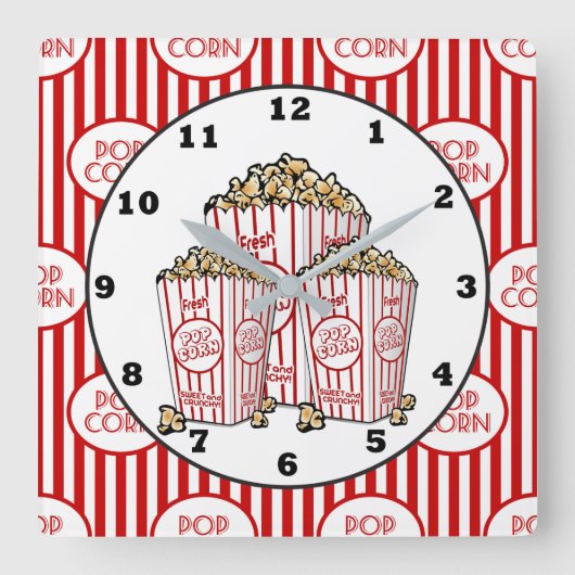 かわいい映画館の部屋ポップコーン時計 スクエア壁時計 (正面)